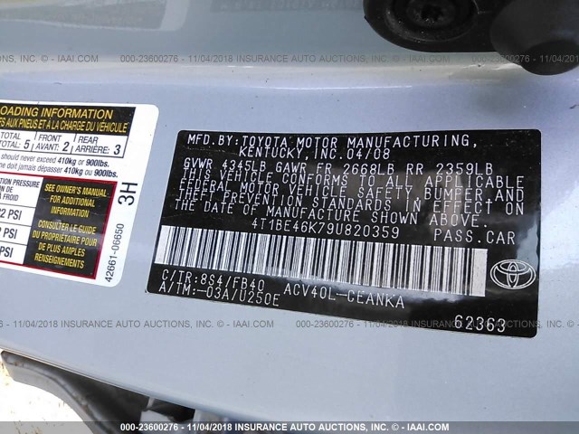 4T1BE46K79U820359 - 2009 TOYOTA CAMRY SE/LE/XLE ღია ლურჯი ფოტო 9