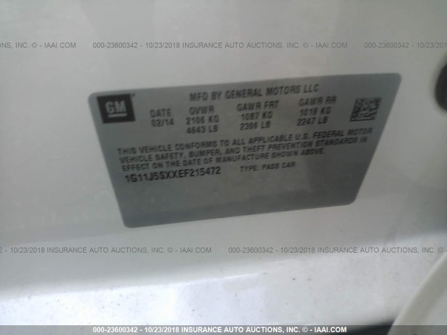 1G11J5SXXEF215472 - 2014 CHEVROLET MALIBU LTZ 白色 照片 9