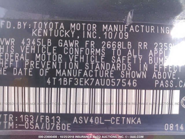 4T1BF3EK7AU057546 - 2010 TOYOTA CAMRY SE/LE/XLE GRAY photo 9