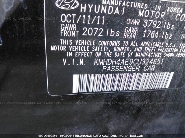 KMHDH4AE9CU324651 - 2012 HYUNDAI ELANTRA GLS/LIMITED BLACK photo 9