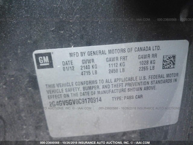 2G4GV5GV0C9170914 - 2012 BUICK REGAL GS BLACK photo 9