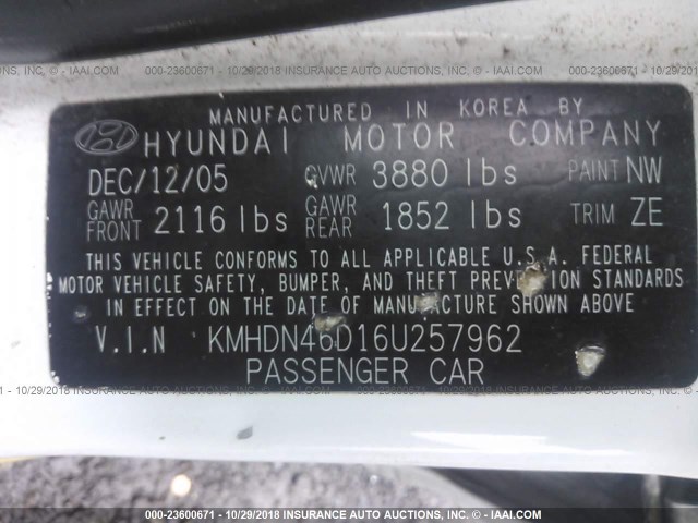 KMHDN46D16U257962 - 2006 HYUNDAI ELANTRA GLS/GT/LIMITED WHITE photo 9