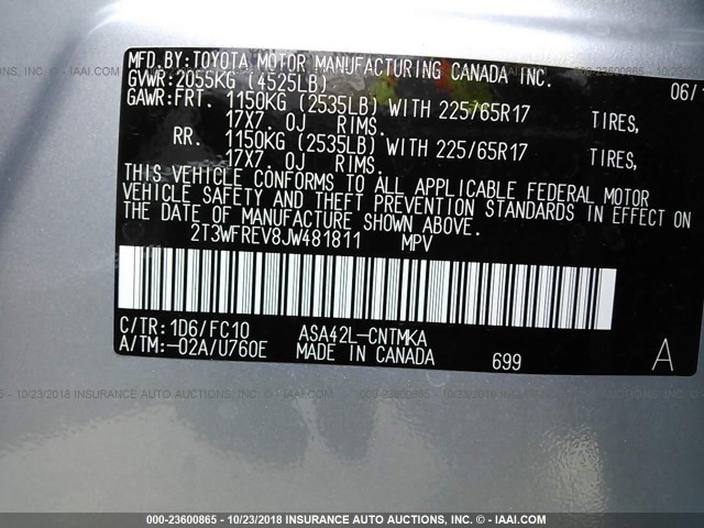 2T3WFREV8JW481811 - 2018 TOYOTA RAV4 ADVENTURE/XLE 银色 照片 9