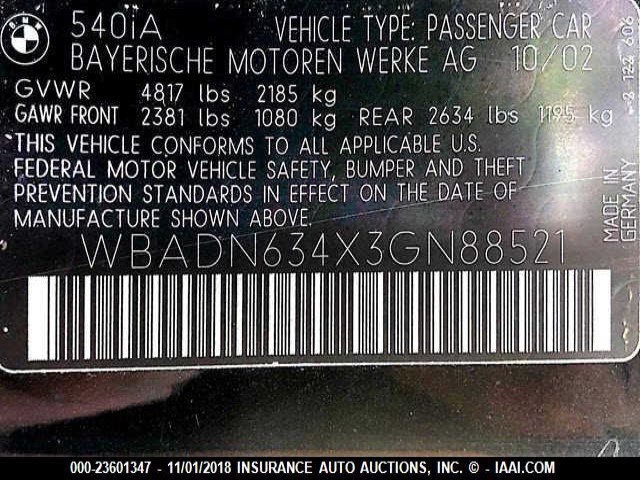 WBADN634X3GN88521 - 2003 BMW 540 I AUTOMATIC BLACK photo 9