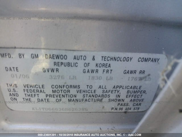 KL1TD66636B626386 - 2006 CHEVROLET AVEO LS SILVER photo 9
