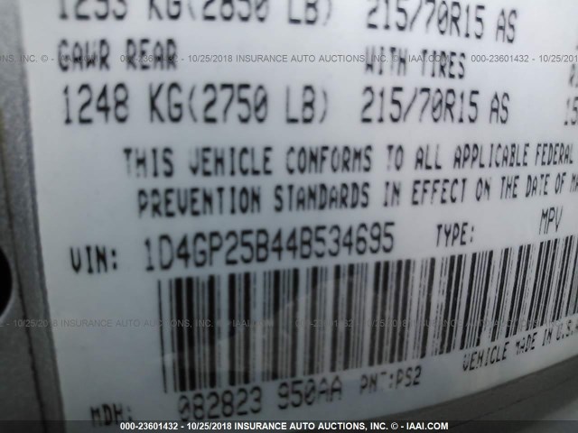 1D4GP25B44B534695 - 2004 DODGE CARAVAN SE GRAY photo 9