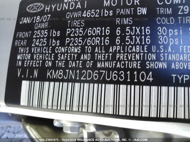 KM8JN12D67U631104 - 2007 HYUNDAI TUCSON SE/LIMITED GOLD photo 9