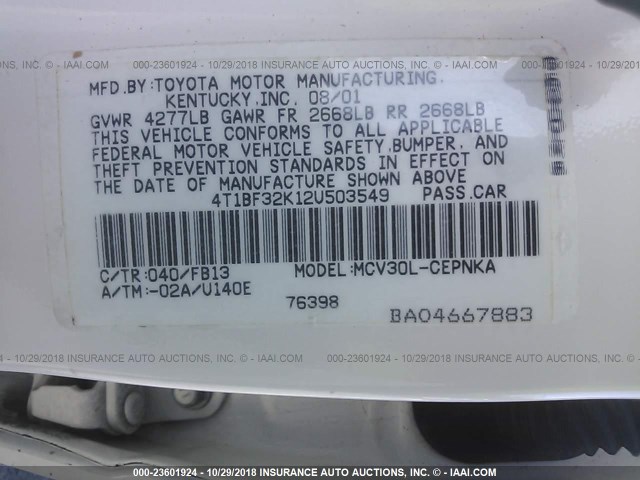 4T1BF32K12U503549 - 2002 TOYOTA CAMRY LE/XLE/SE 白色 照片 9