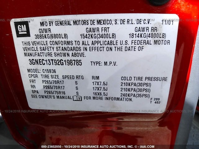 3GNEC13T92G198785 - 2002 CHEVROLET AVALANCHE C1500 RED photo 9