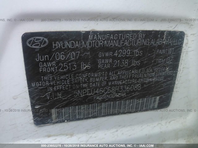 5NPEU46C68H336088 - 2008 HYUNDAI SONATA SE/LIMITED WHITE photo 9