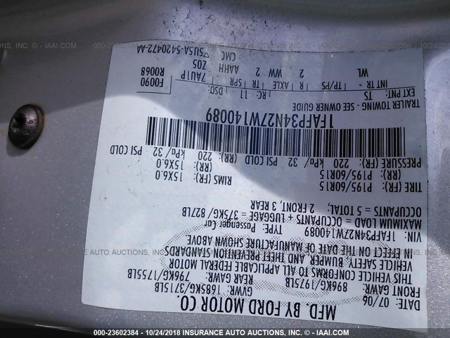 1FAFP34N27W140089 - 2007 FORD FOCUS ZX4/S/SE/SES SILVER photo 9