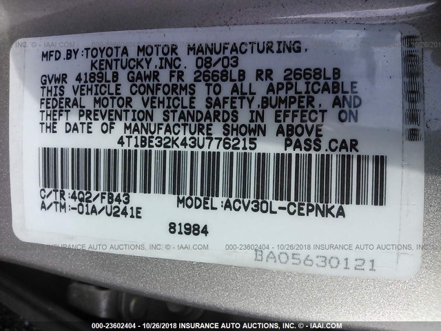 4T1BE32K43U776215 - 2003 TOYOTA CAMRY LE/XLE/SE Champagne photo 9