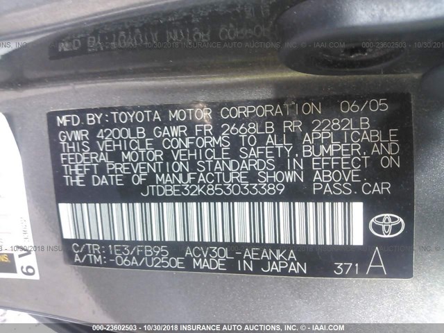 JTDBE32K853033389 - 2005 TOYOTA CAMRY LE/XLE/SE GRAY photo 9