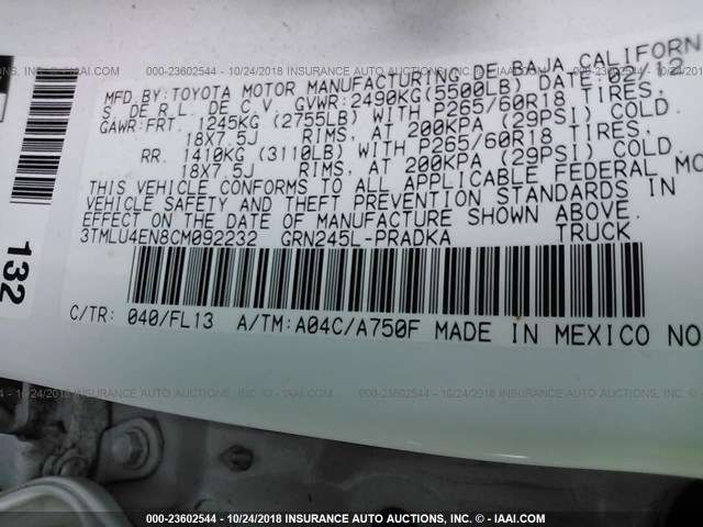3TMLU4EN8CM092232 - 2012 TOYOTA TACOMA DOUBLE CAB 白色 照片 9