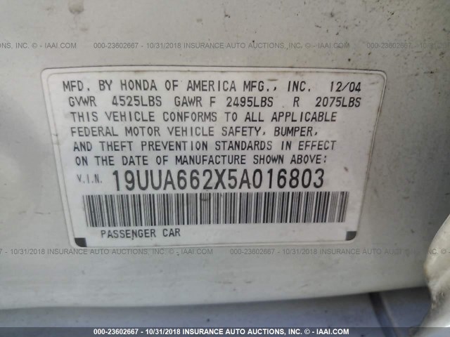 19UUA662X5A016803 - 2005 ACURA TL WHITE photo 9