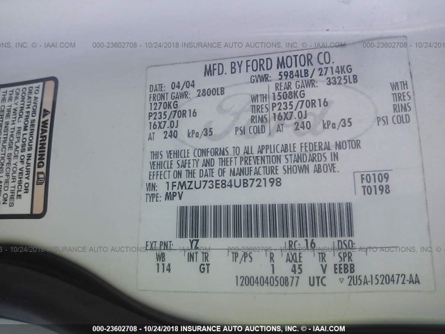 1FMZU73E84UB72198 - 2004 FORD EXPLORER XLT/XLT SPORT/NBX 白色 照片 9