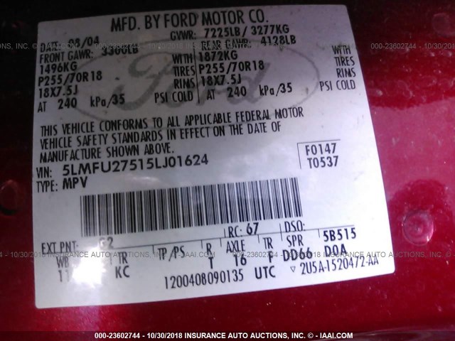 5LMFU27515LJ01624 - 2005 LINCOLN NAVIGATOR Kastanienbraun Foto 9