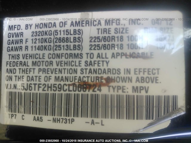 5J6TF2H59CL006724 - 2012 HONDA CROSSTOUR EXL BLACK photo 9