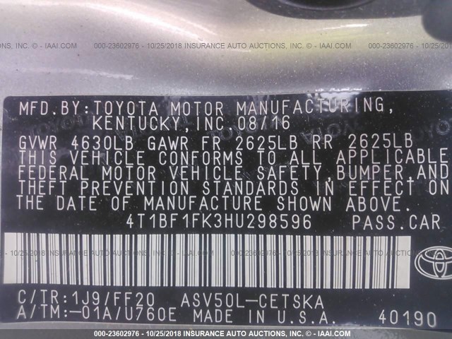 4T1BF1FK3HU298596 - 2017 TOYOTA CAMRY LE/XLE/SE/XSE SILVER photo 9