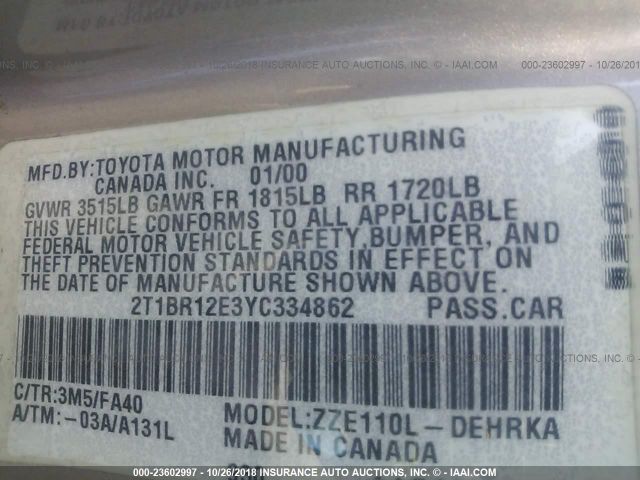 2T1BR12E3YC334862 - 2000 TOYOTA COROLLA VE/CE/LE 棕色 照片 9