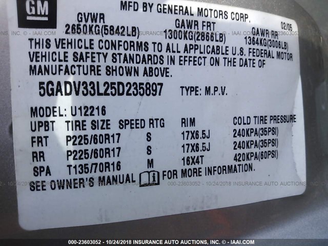 5GADV33L25D235897 - 2005 BUICK TERRAZA CXL SILVER photo 9