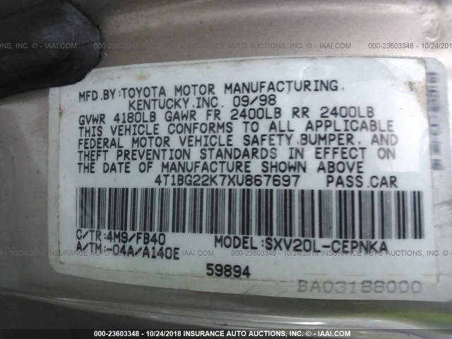 4T1BG22K7XU867697 - 1999 TOYOTA CAMRY CE/LE/XLE 棕色 照片 9