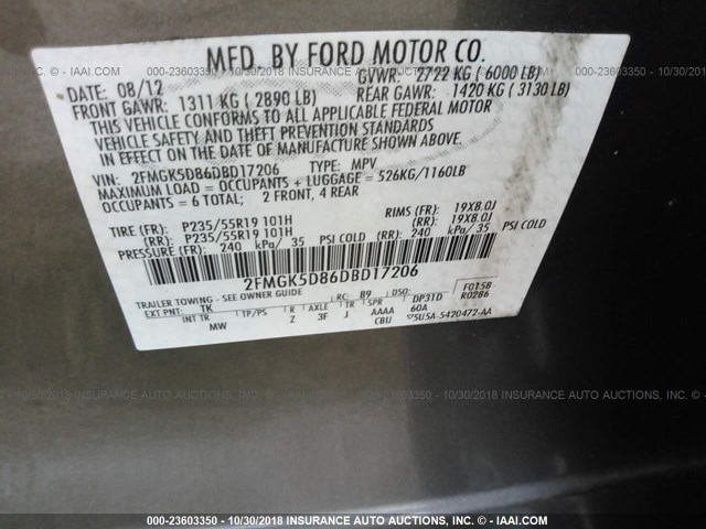 2FMGK5D86DBD17206 - 2013 FORD FLEX LIMITED GRAY photo 9