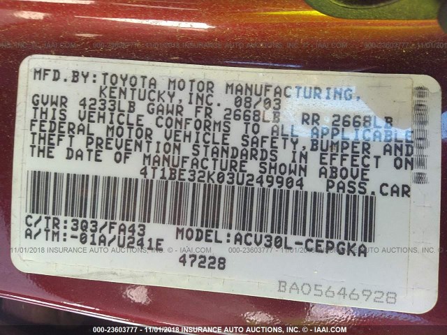 4T1BE32K03U249904 - 2003 TOYOTA CAMRY LE/XLE/SE MAROON photo 9