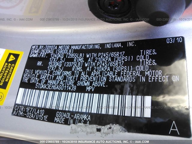 5TDKK3EH6AS011439 - 2010 TOYOTA HIGHLANDER SE SILVER photo 9