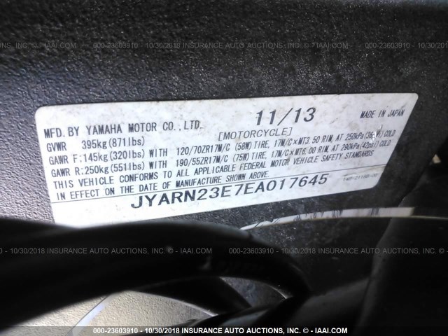 JYARN23E7EA017645 - 2014 YAMAHA YZFR1 RED photo 10