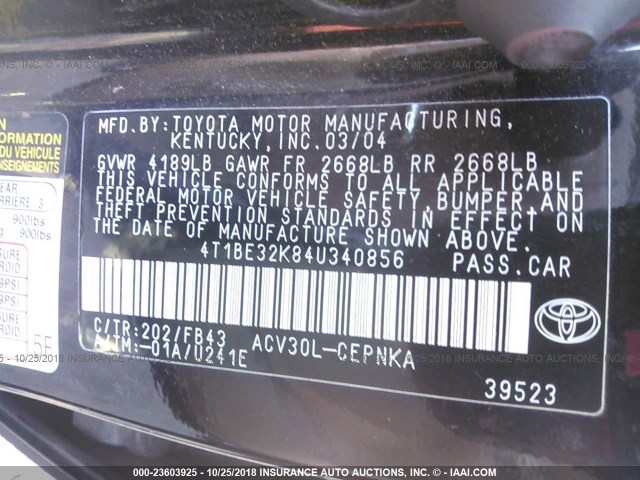 4T1BE32K84U340856 - 2004 TOYOTA CAMRY LE/XLE/SE BLACK photo 9