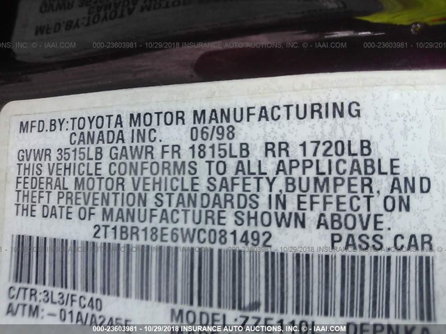 2T1BR18E6WC081492 - 1998 TOYOTA COROLLA VE/CE/LE MAROON photo 9