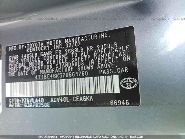 4T1BE46K57U661760 - 2007 TOYOTA CAMRY NEW GENERAT CE/LE/XLE/SE GREEN photo 9