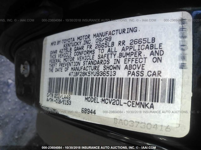 4T1BF28K5YU936513 - 2000 TOYOTA CAMRY LE/XLE 黑色 照片 9