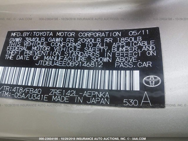 JTDBU4EE0B9146812 - 2011 TOYOTA COROLLA S/LE 金色 照片 9