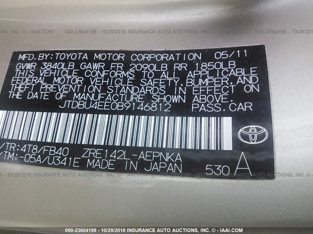 JTDBU4EE0B9146812 - 2011 TOYOTA COROLLA S/LE GOLD photo 9