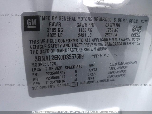 3GNAL2EK0DS557689 - 2013 CHEVROLET CAPTIVA LS 白色 照片 9