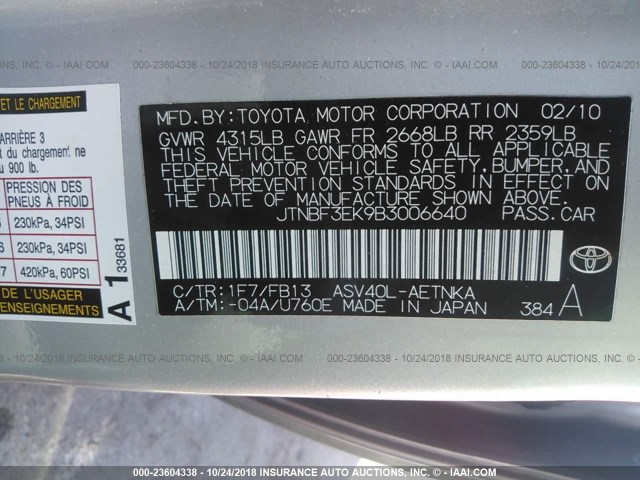 JTNBF3EK9B3006640 - 2011 TOYOTA CAMRY SE/LE/XLE SILVER photo 9