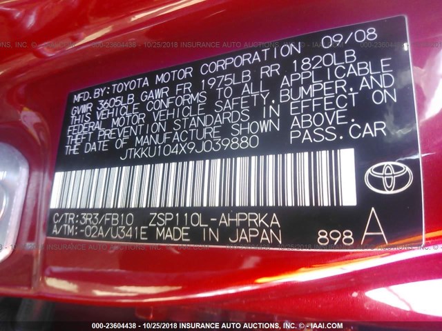 JTKKU104X9J039880 - 2009 TOYOTA SCION XD RED photo 9