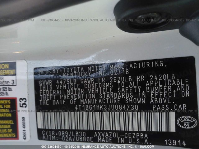 4T1B61HK3JU084730 - 2018 TOYOTA CAMRY XSE WHITE photo 9