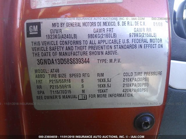 3GNDA13D58S639344 - 2008 CHEVROLET HHR LS Naranja foto 9