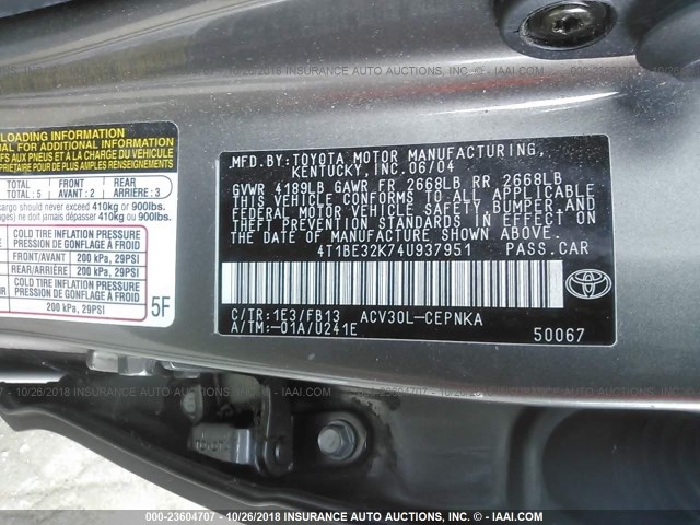 4T1BE32K74U937951 - 2004 TOYOTA CAMRY LE/XLE/SE GRAY photo 9