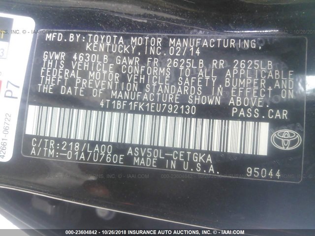 4T1BF1FK1EU792130 - 2014 TOYOTA CAMRY L/SE/LE/XLE შავი ფოტო 9