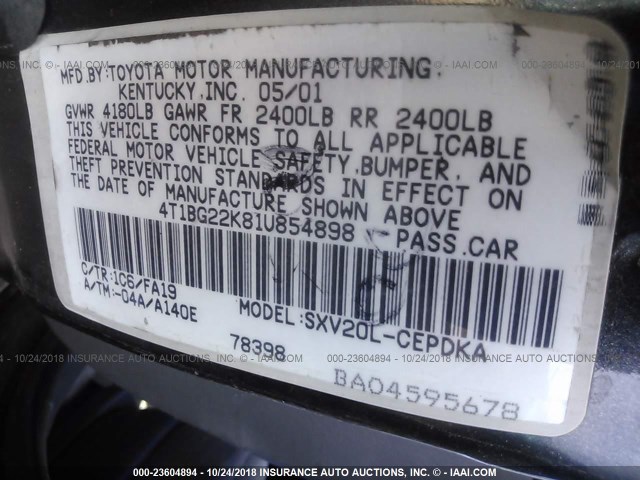 4T1BG22K81U854898 - 2001 TOYOTA CAMRY CE/LE/XLE GRAY photo 9