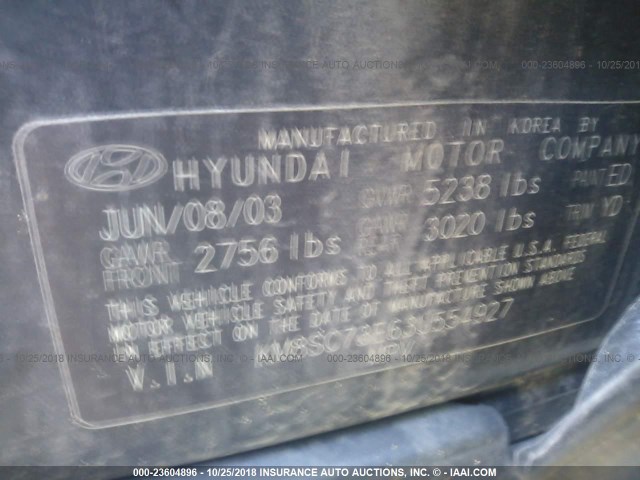 KM8SC73E63U554927 - 2003 HYUNDAI SANTA FE GLS/LX BLACK photo 9