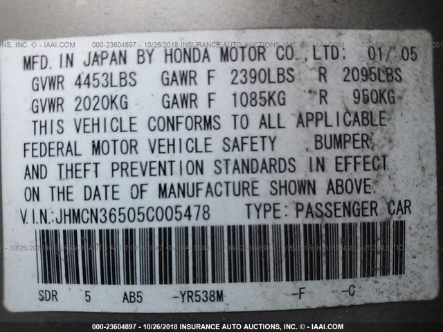 JHMCN36505C005478 - 2005 HONDA ACCORD HYBRID TAN photo 9