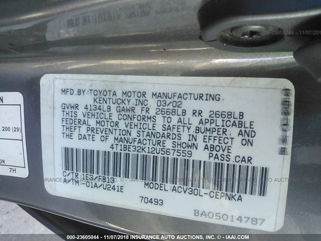 4T1BE32K12U567559 - 2002 TOYOTA CAMRY LE/XLE/SE 灰色 照片 9