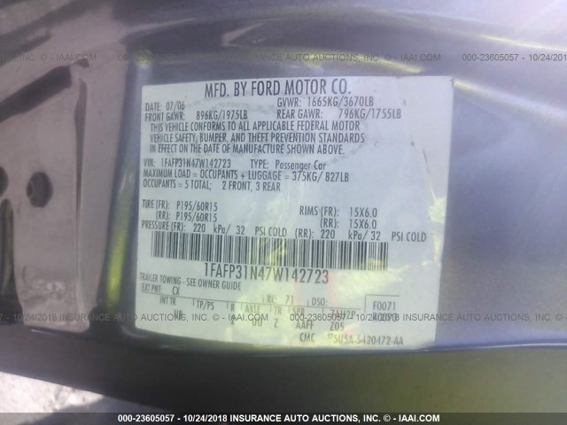 1FAFP31N47W142723 - 2007 FORD FOCUS ZX3/S/SE/SES GRAY photo 9