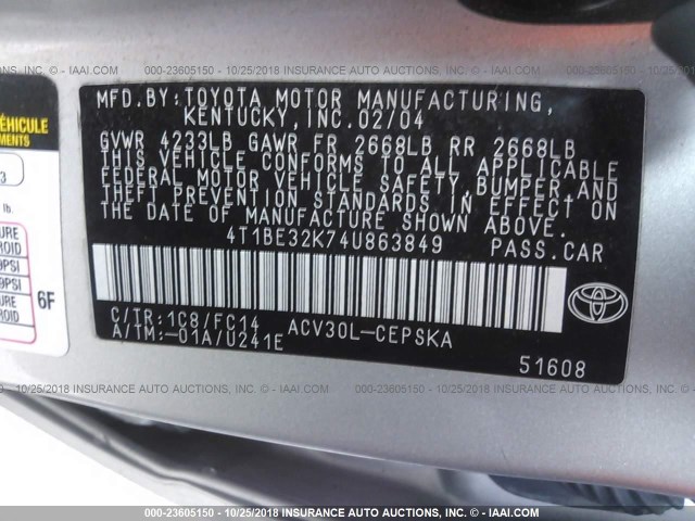 4T1BE32K74U863849 - 2004 TOYOTA CAMRY LE/XLE/SE SILVER photo 9