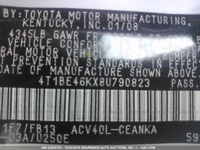 4T1BE46KX8U790823 - 2008 TOYOTA CAMRY CE/LE/XLE/SE SILVER photo 9